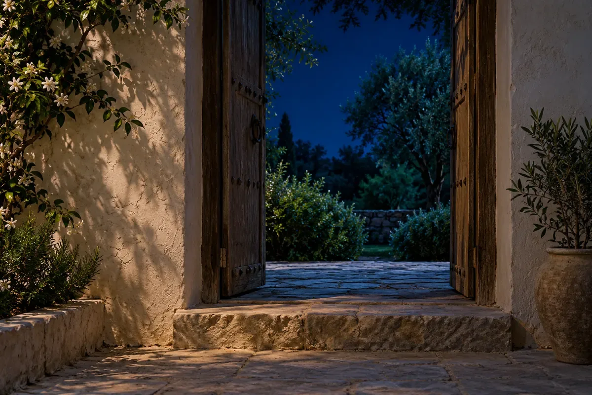در چوبی باز رو به باغ تاریک در حیاط خانه