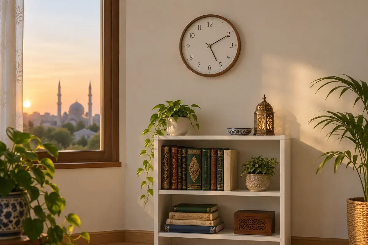 انتخاب زمان برای قضای نماز ساعت دیواری بالای قفسه کتاب در اتاق روشن